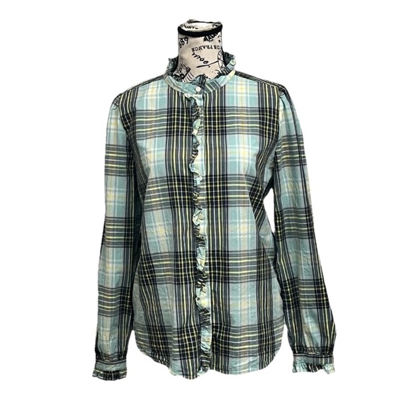 LOFT Ruffle Plaid Shirt Outdoor Preppy Gorpcore M Casual Capsule fishermen - Picture 1 of 9